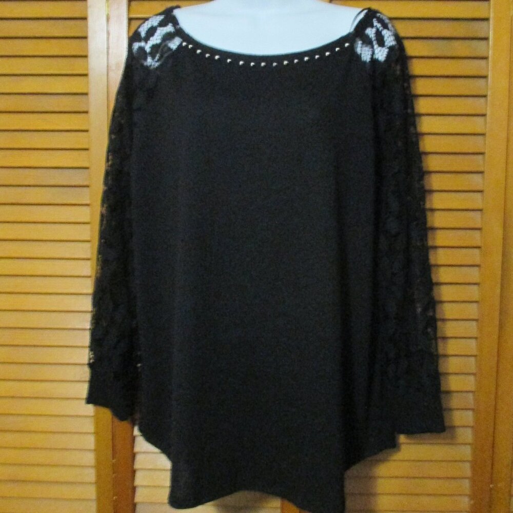 NY Collection NEW sweater black knit feminine w/lace sleeves size XL